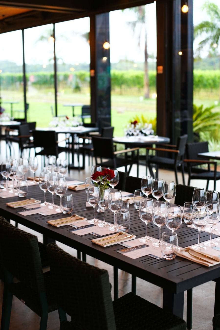 Mesa posta no Wine Bar Arpuro, com taças e vista para os vinhedos