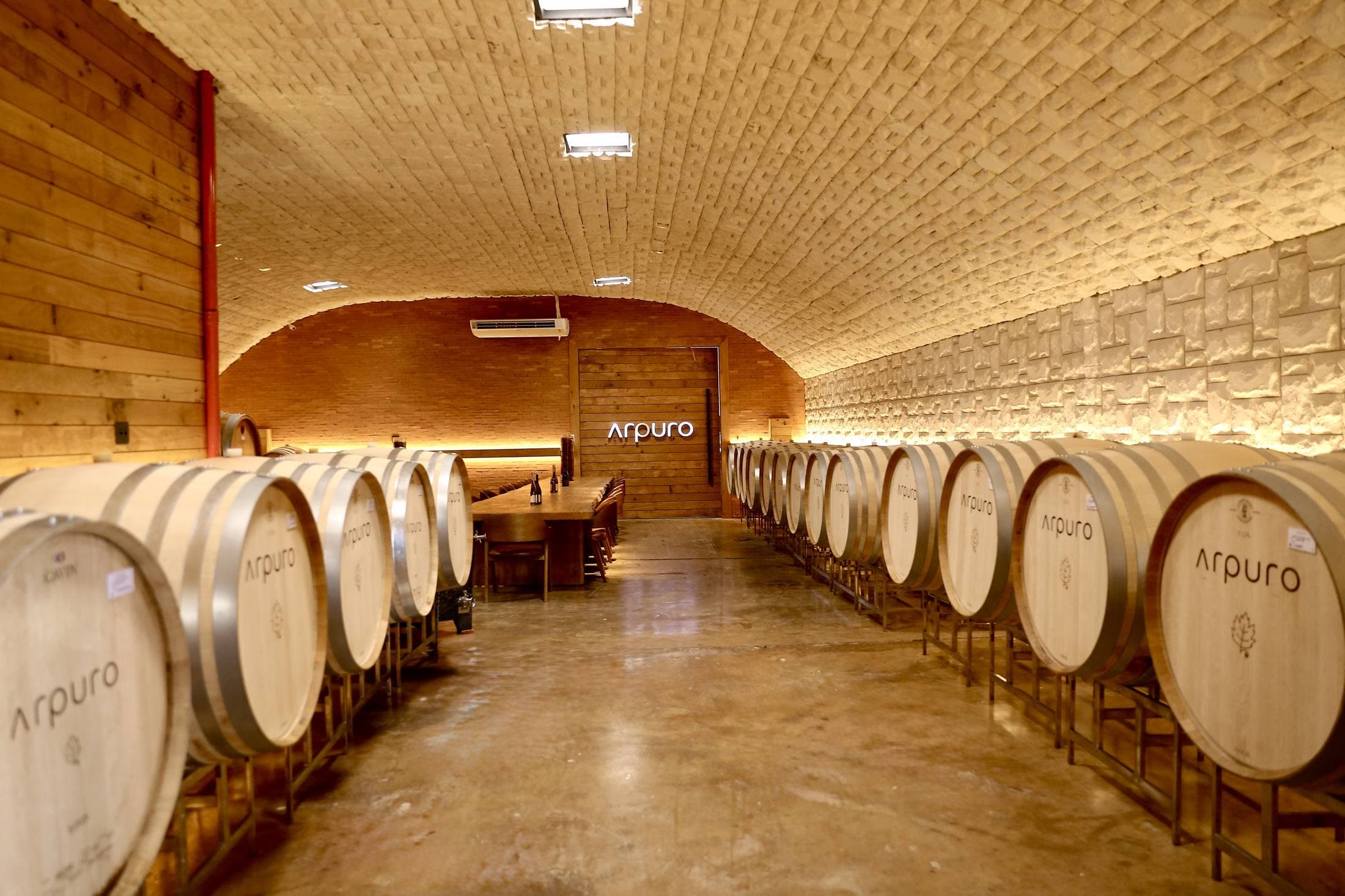 Sala de Barricas da Arpuro, com barricas de carvalho sob abóbada de pedra